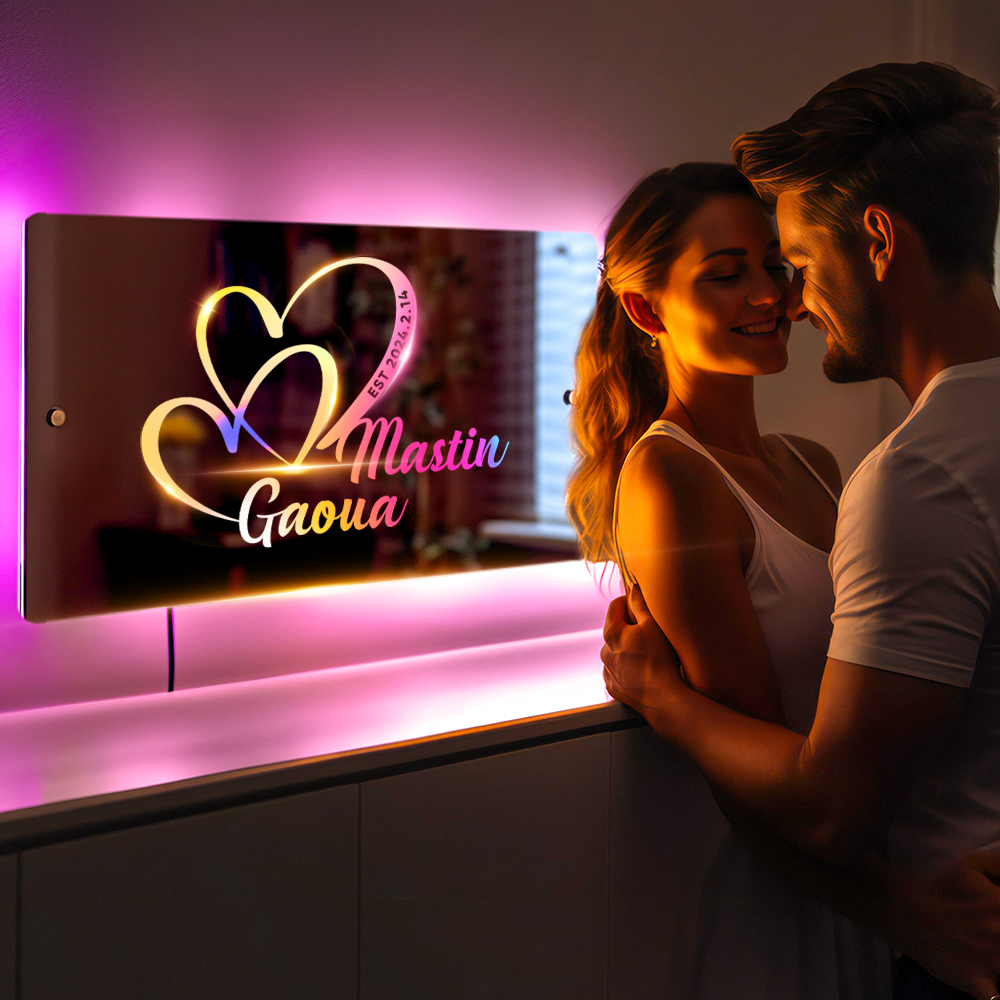 Personalized Name Mirror Sign Custom Text Led Multi Color Light Up, Heart Sign with Names and Date Anniversary Gift For Couple - soufeelmy