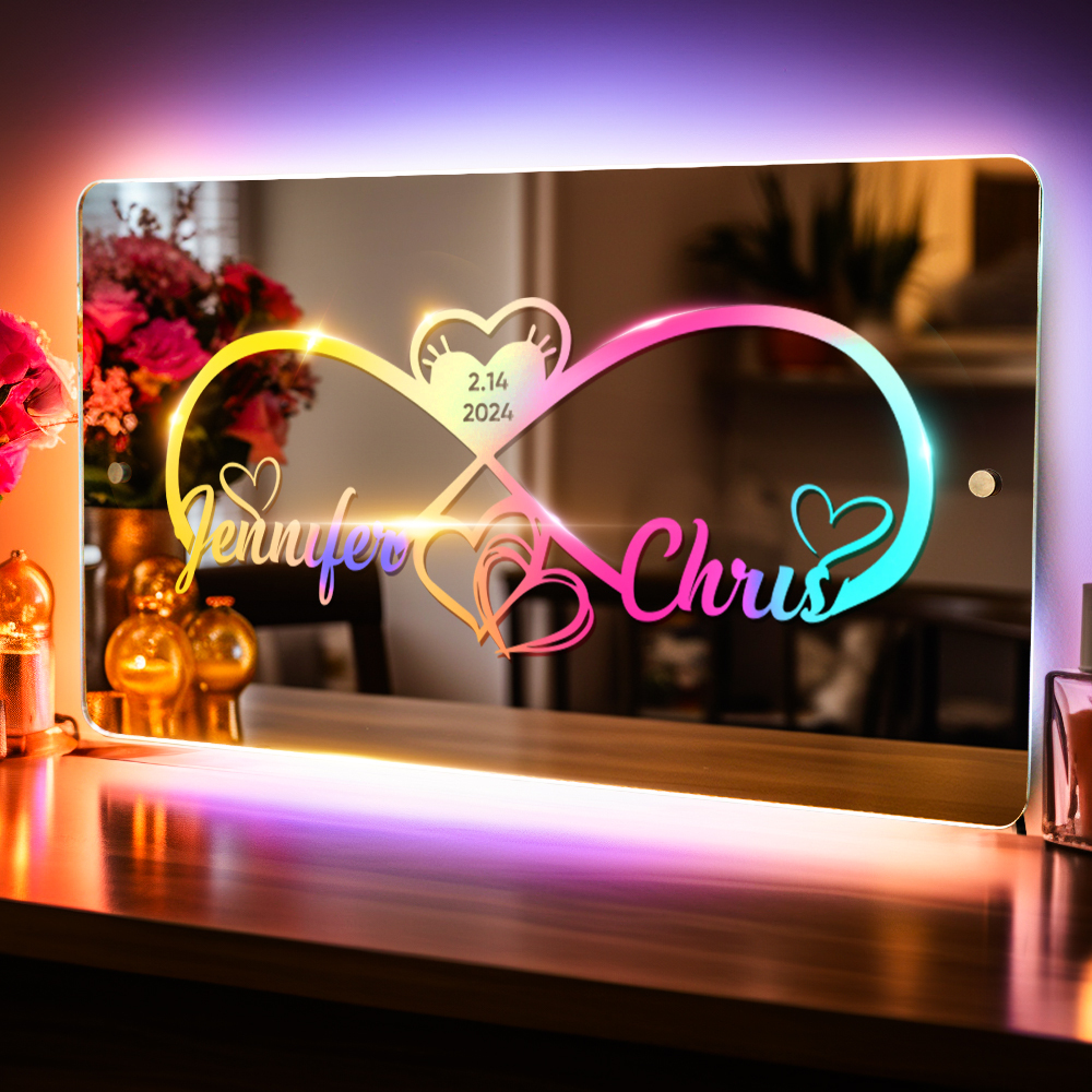 Personalized Engraved Infinity Heart Mirror Light Bedroom Sign Custom Mirror Neon Signs Wall Decor, Custom Name Sign for Bedroom,Valentine's Day Couple Gift - soufeelmy