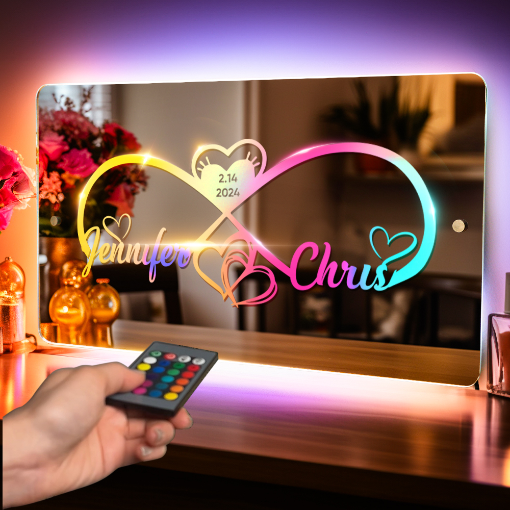 Personalized Engraved Infinity Heart Mirror Light Bedroom Sign Custom Mirror Neon Signs Wall Decor, Custom Name Sign for Bedroom,Valentine's Day Couple Gift - soufeelmy