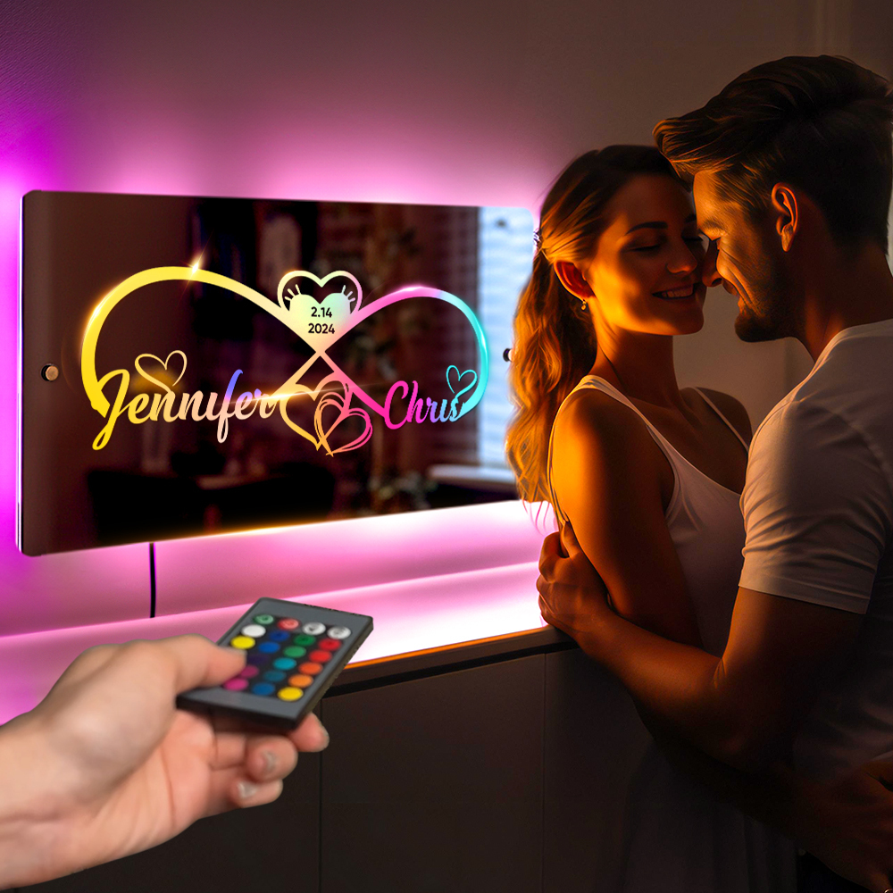 Personalized Engraved Infinity Heart Mirror Light Bedroom Sign Custom Mirror Neon Signs Wall Decor, Custom Name Sign for Bedroom,Valentine's Day Couple Gift - soufeelmy