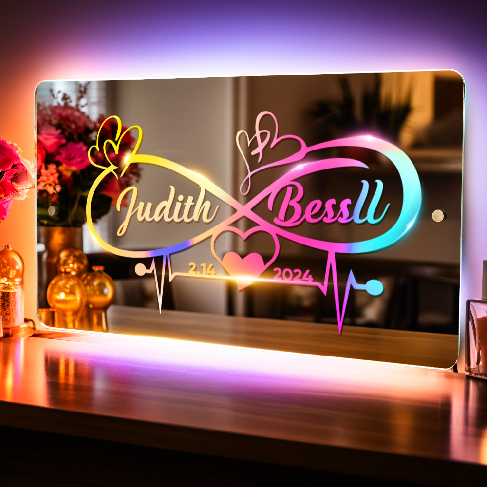 Personalized Name Mirror Light Infinity Heart Couple Gift Custom Mirror Neon Signs Wall Decor, Custom Name Sign for Bedroom Valentine's Day Gift - soufeelmy