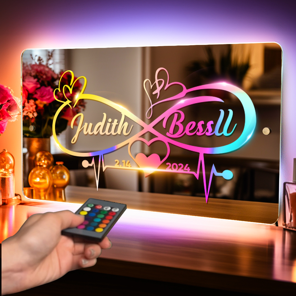 Personalized Name Mirror Light Infinity Heart Couple Gift Custom Mirror Neon Signs Wall Decor, Custom Name Sign for Bedroom Valentine's Day Gift - soufeelmy