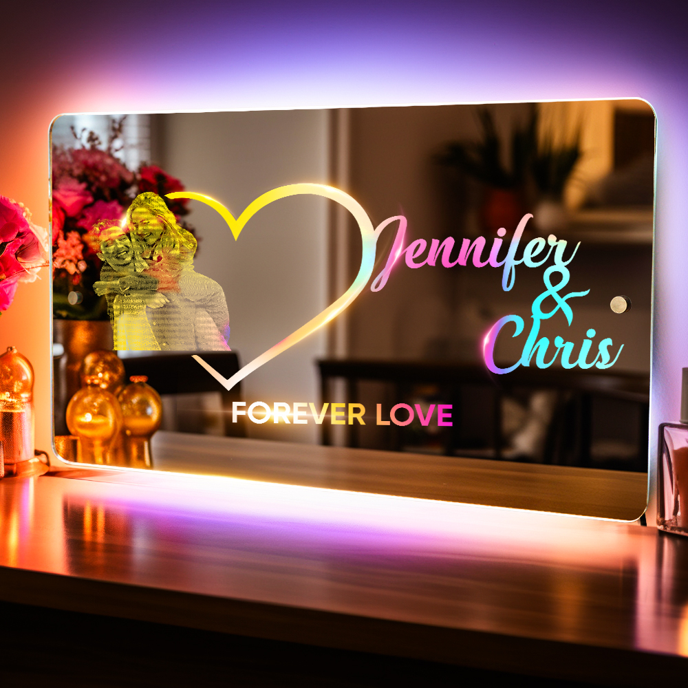 Personalized Photo Name Mirror Light Heart Couple Gift Custom Mirror Neon Signs Wall Decor Custom Name Sign for Bedroom Valentine's Day Gift - soufeelmy