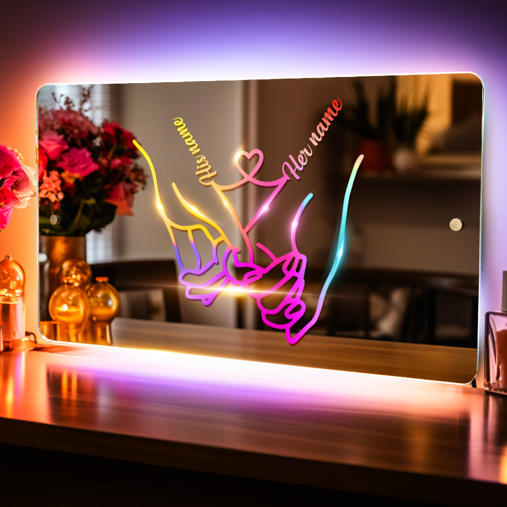 Personalized Name Mirror Light for Valentine's Day Gift, Custom Mirror Neon Signs Wall Decor Colorful Love Line, Couple Holding Hands Calligraphy - soufeelmy