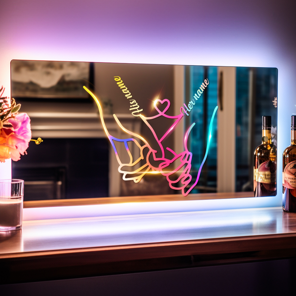 Personalized Name Mirror Light for Valentine's Day Gift, Custom Mirror Neon Signs Wall Decor Colorful Love Line, Couple Holding Hands Calligraphy - soufeelmy