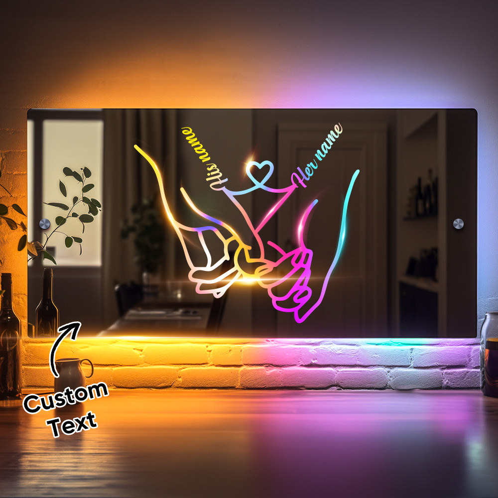 Personalized Name Mirror Light for Valentine's Day Gift, Custom Mirror Neon Signs Wall Decor Colorful Love Line, Couple Holding Hands Calligraphy - soufeelmy