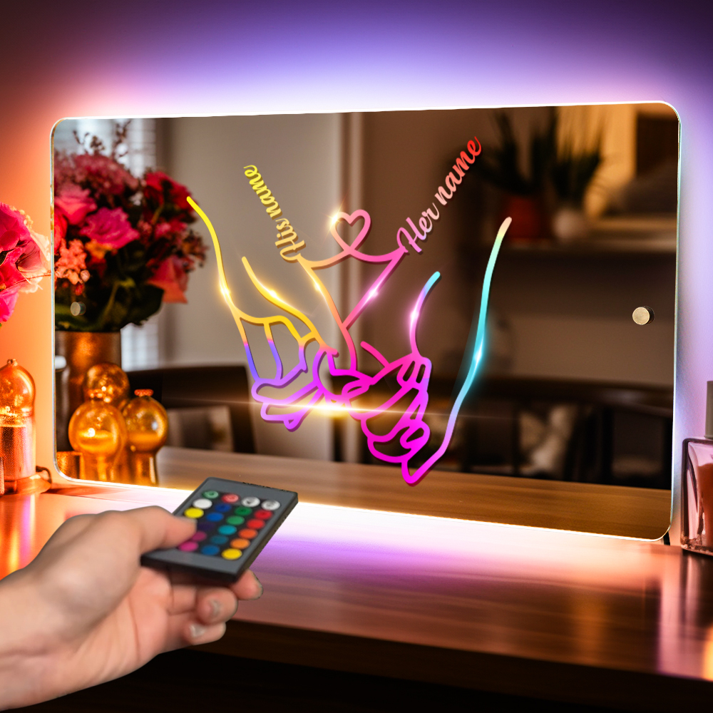 Personalized Name Mirror Light for Valentine's Day Gift, Custom Mirror Neon Signs Wall Decor Colorful Love Line, Couple Holding Hands Calligraphy - soufeelmy