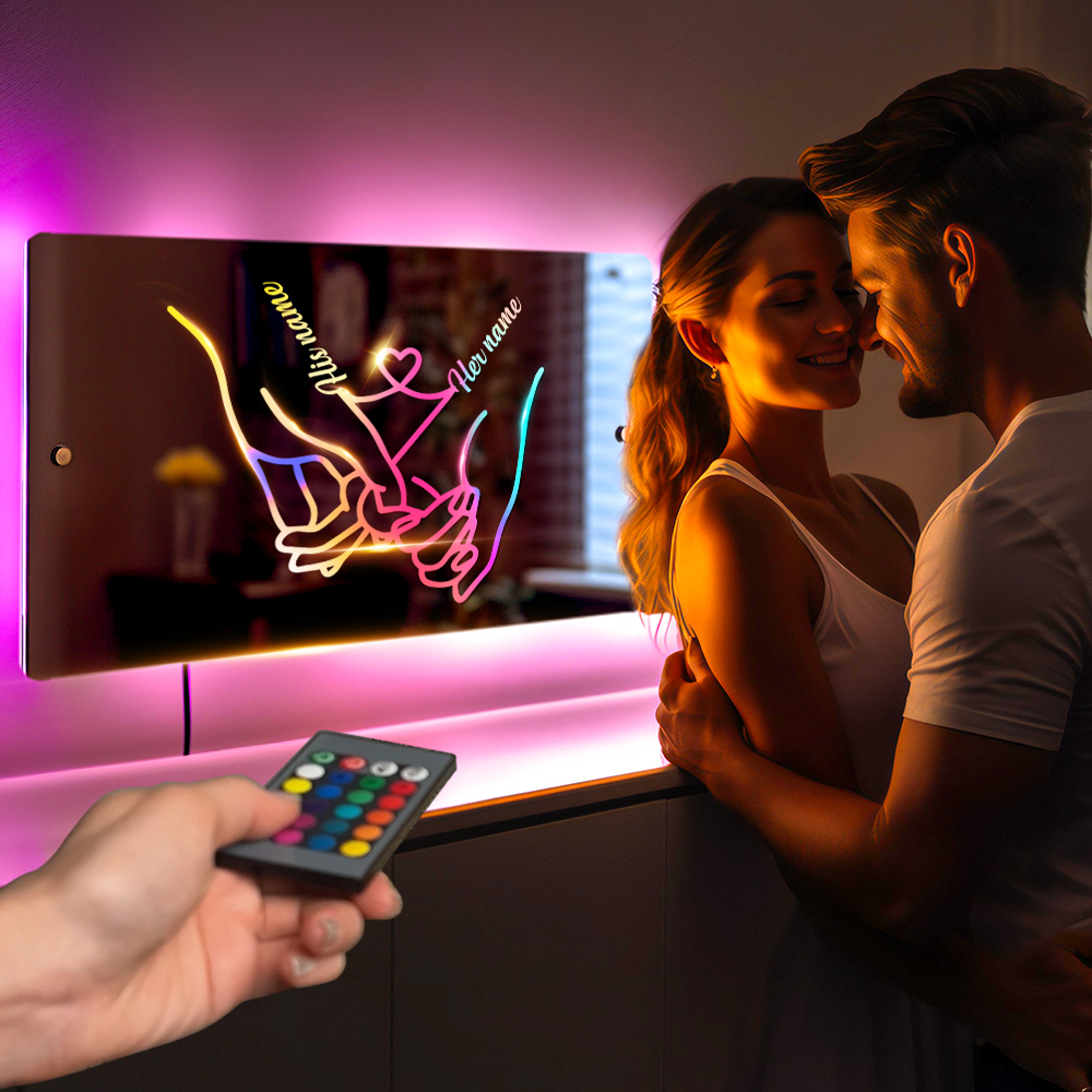 Personalized Name Mirror Light for Valentine's Day Gift, Custom Mirror Neon Signs Wall Decor Colorful Love Line, Couple Holding Hands Calligraphy - soufeelmy