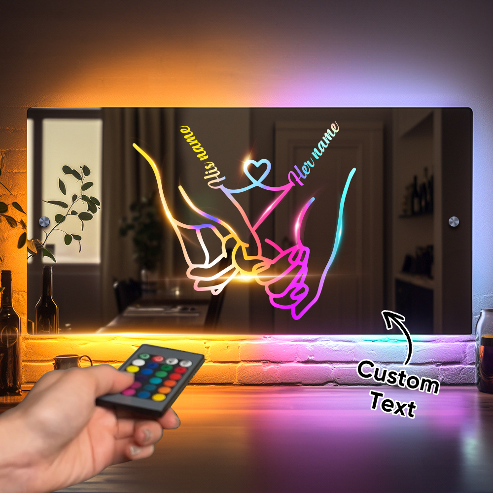 Personalized Name Mirror Light for Valentine's Day Gift, Custom Mirror Neon Signs Wall Decor Colorful Love Line, Couple Holding Hands Calligraphy - soufeelmy