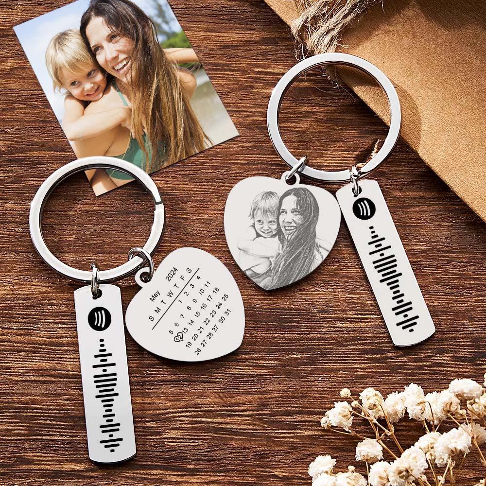 Personalized Calendar Keychain Special Day Significant Photo Heart Square Shape Music Code Metal Keychain Gift for Mother - soufeelmy