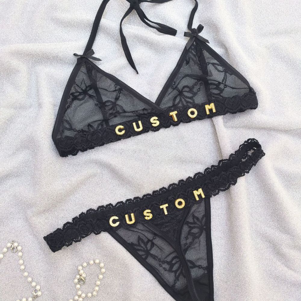 Custom Lace Underwear Set Lingerie And Thongs With Crystal Letter Name Lace Transparent Underwear Gift For Her - soufeelmy