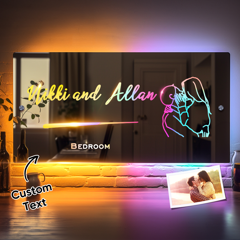Personalized Line Photo Engraved Mirror Light Bedroom Sign Custom Mirror Neon Signs Wall Decor, Custom Name Sign for Bedroom,Christmas Valentine's Day - soufeelmy