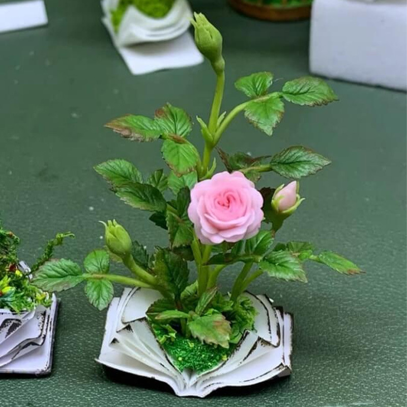 Handmade Clay Rose Growing from Book Miniature Sculpture with Fantasy Plant Pot Desk Decor Gift for Friends for Family - soufeelmy