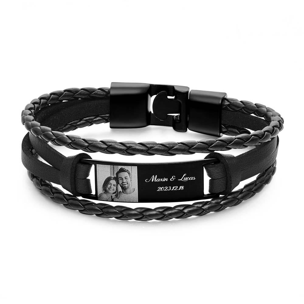 Custom Men's Bracelets Photo Leather Engraved Name and Date Men's Bracelet Best Valentine's Day Gifts for Him - soufeelmy