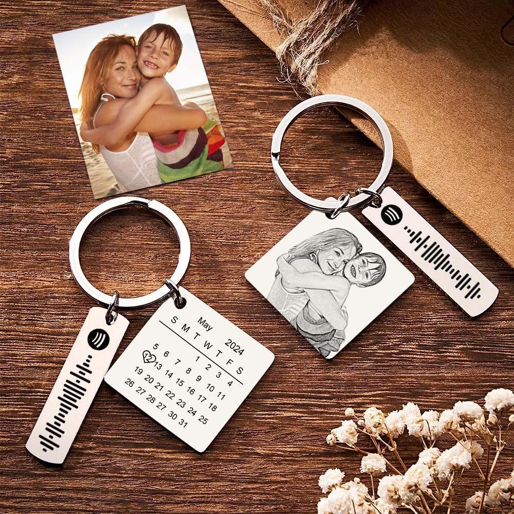 Personalized Calendar Keychain Special Day Significant Photo Heart Square Shape Music Code Metal Keychain Gift for Mother - soufeelmy