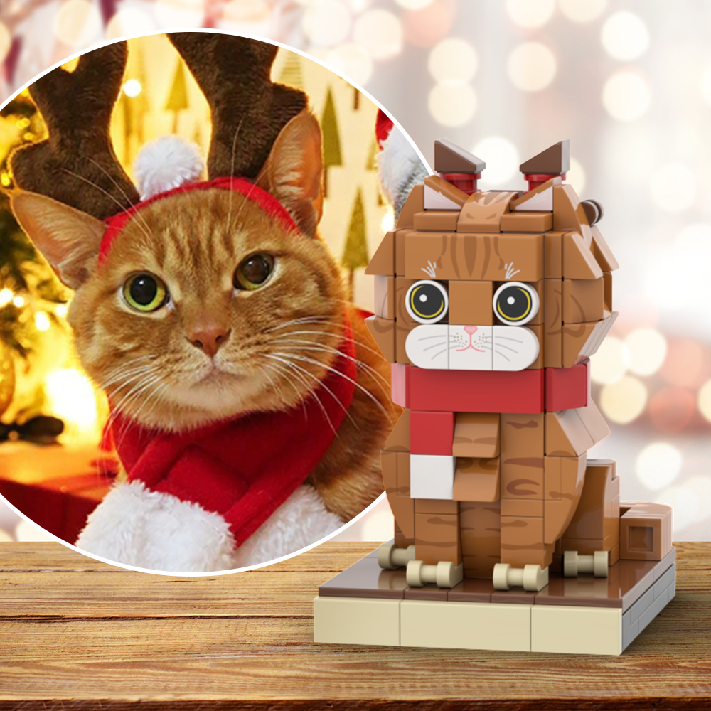 Christmas Cat With Scarf And Reindeer Accessories Fully Body Customizable 1 Cat Personalized X-Mas Cat Photo CustomBrick Figures Small Particle Block Customized Cat Only - soufeelmy