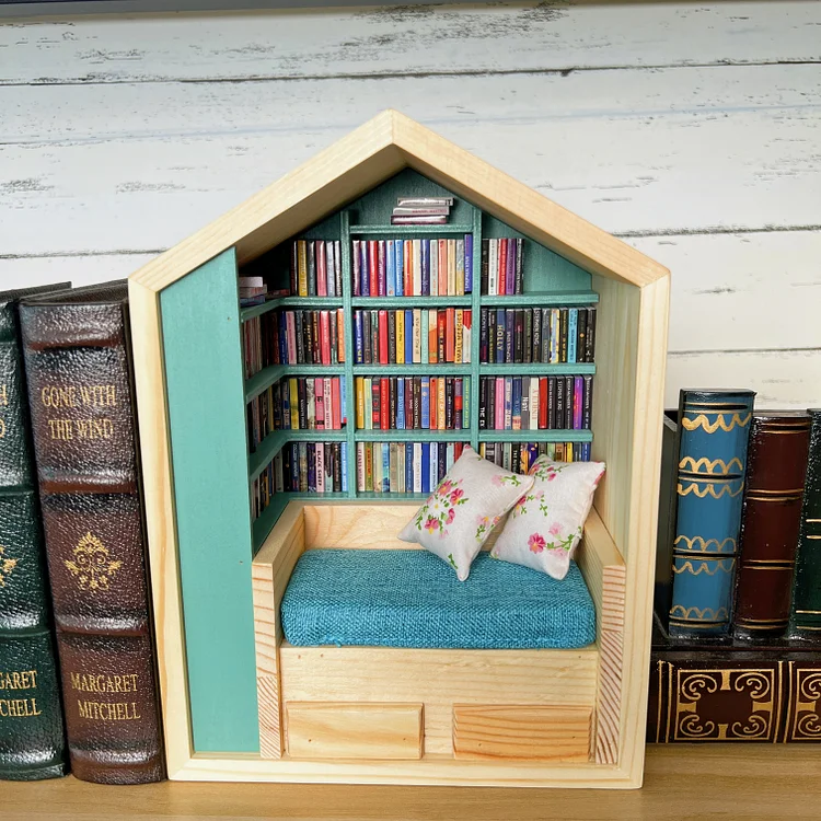 Handcrafted Mini Room Box Detailed Wooden Scene With 260+ Mini Books and 2 Cushions - soufeelmy
