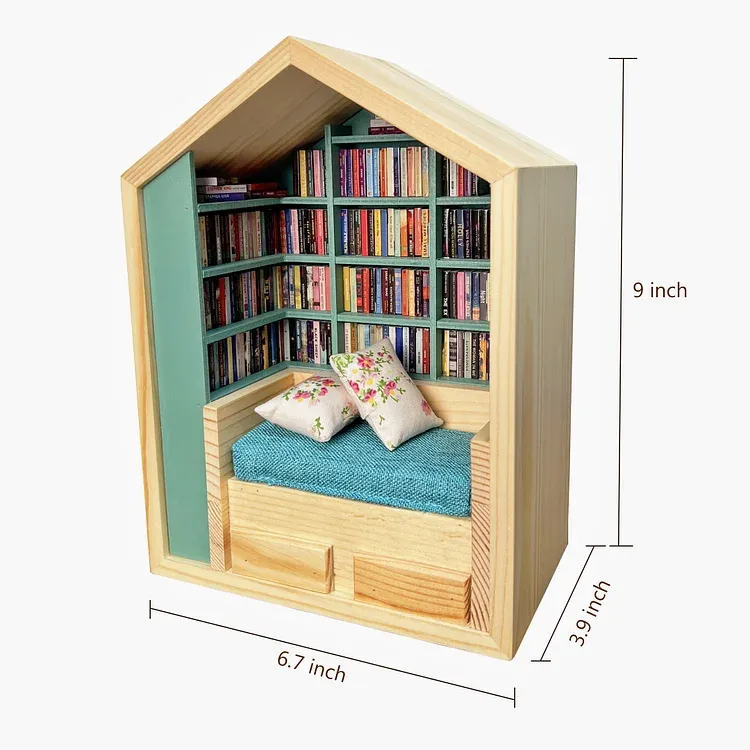 Handcrafted Mini Room Box Detailed Wooden Scene With 260+ Mini Books and 2 Cushions - soufeelmy