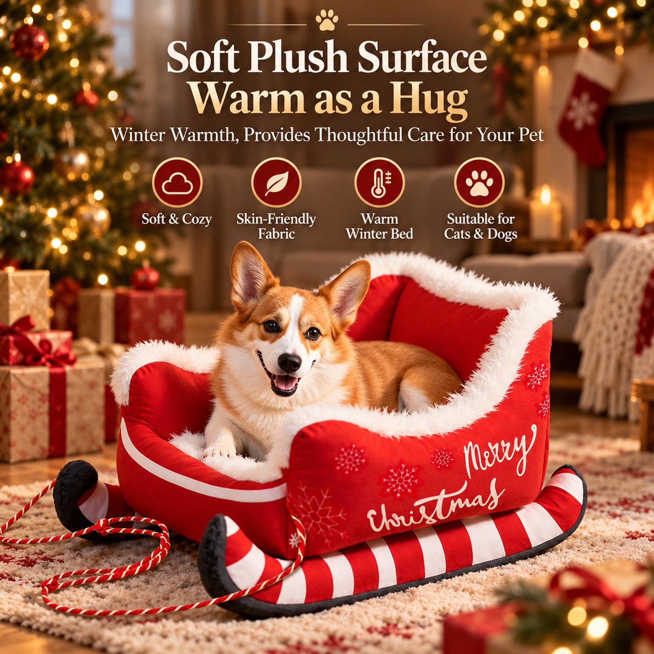 Christmas Sleigh Pet Bed – Festive Santa Sleigh-Shaped Cozy Nest for Dogs & Cats, Holiday Home Decor - soufeelmy