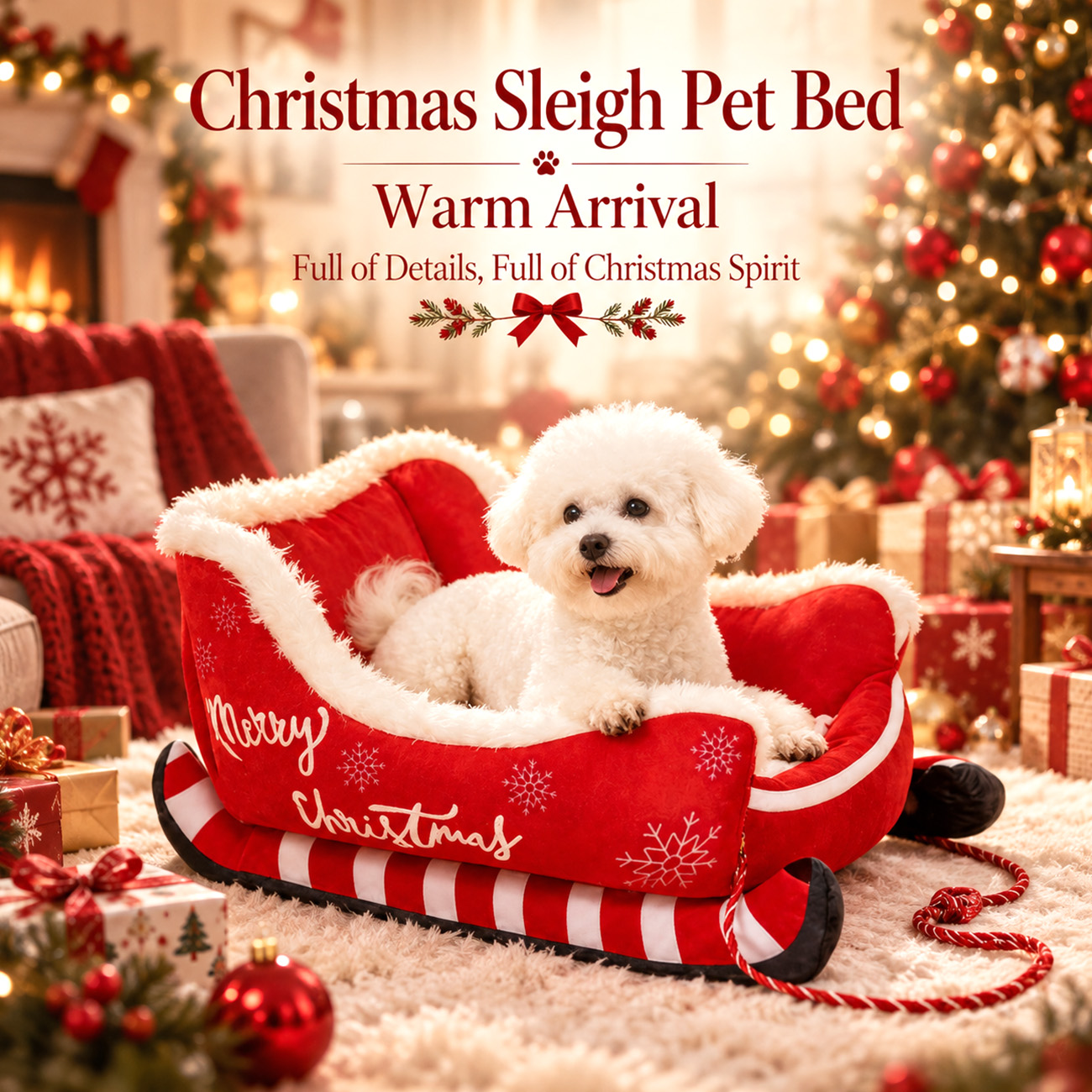 Christmas Sleigh Pet Bed – Festive Santa Sleigh-Shaped Cozy Nest for Dogs & Cats, Holiday Home Decor - soufeelmy