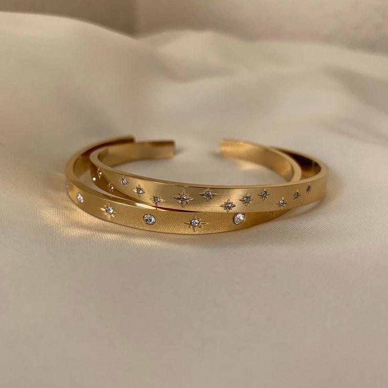 18K Gold Celestial Cuff Bracelet Set Gold Plated Bangels Sun Stars Carved Bracelet Classic Stacking Bangles - soufeelmy