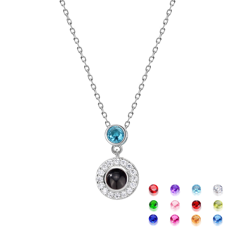 Personalized Projection Photo Necklace Round Pendant With Diamonds And Birthstone Beautiful Gift For Her - soufeelmy