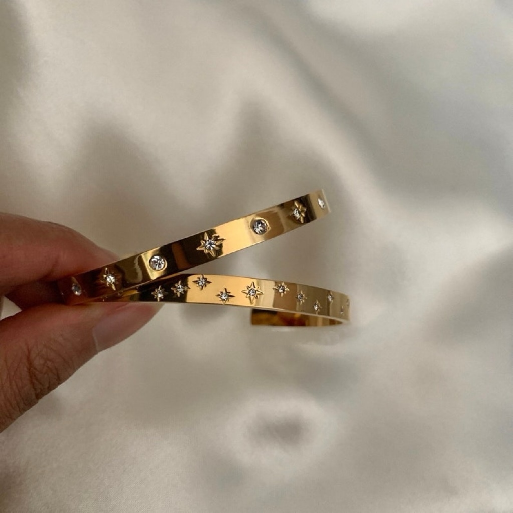 18K Gold Celestial Cuff Bracelet Set Gold Plated Bangels Sun Stars Carved Bracelet Classic Stacking Bangles - soufeelmy