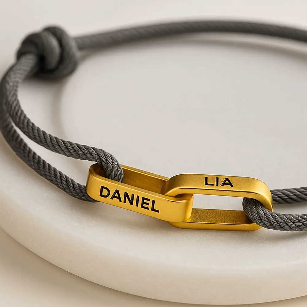Personalized Braided Couple Bracelet – Custom Engraved Stainless Steel Interlocking Ring Bracelet, Matching Name Bracelet for Him & Her - soufeelmy