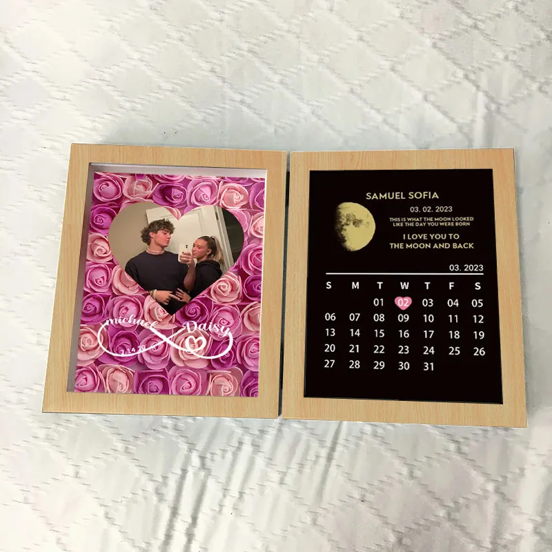 Infinity Sign With Names Custom Flowers Frame with REAL MOON PHASE Anniversary Calendar - soufeelmy