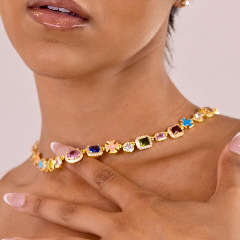 Diamond Necklace Geometric Bracelet Adjustable Colored Gemstone Bracelet Summer Dopamine Jewelry Necklace - soufeelmy