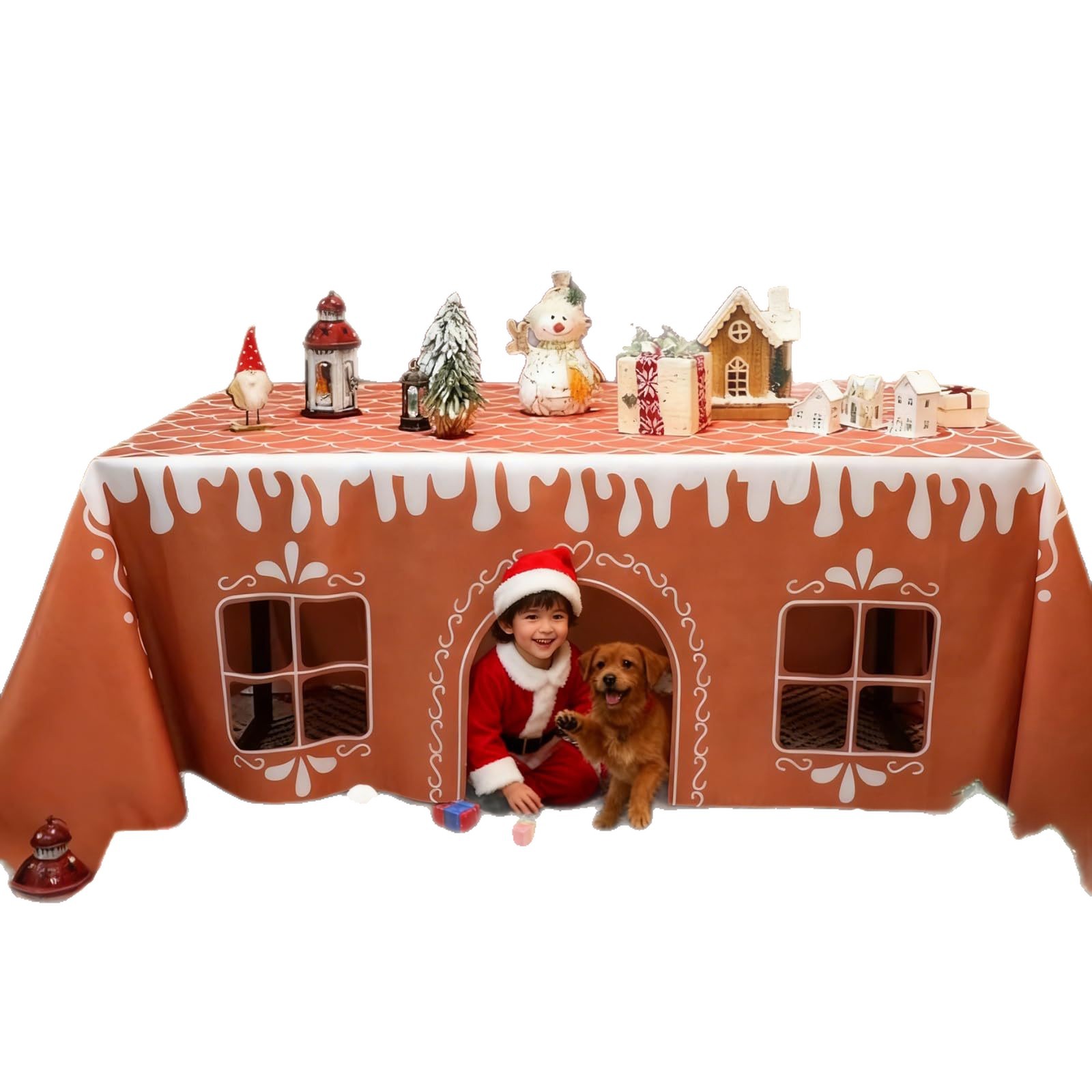 Gingerbread House Christmas Tablecloth Interactive Holiday Table Cover with Play Door for Kids and Pets Festive Home Decor - soufeelmy