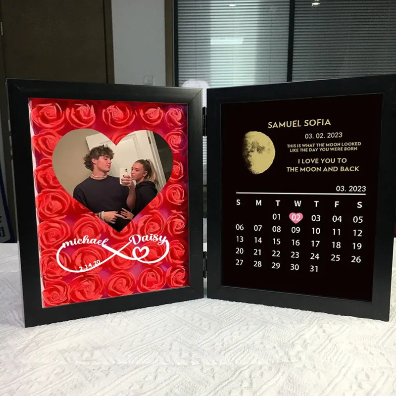 Infinity Sign With Names Custom Flowers Frame with REAL MOON PHASE Anniversary Calendar - soufeelmy