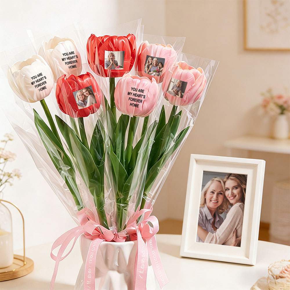 Custom Photo Tulip Flowers Personalized Text Artificial Flowers the Best Gift for Family for Couples