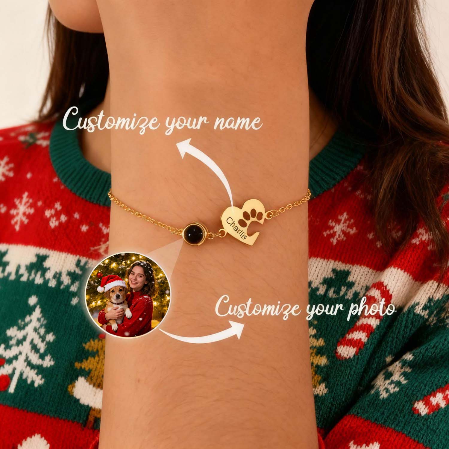 Personalized Dog Paw Projection Bracelet with Engraving Custom Bracelet for Women Christmas Gifts - soufeelau