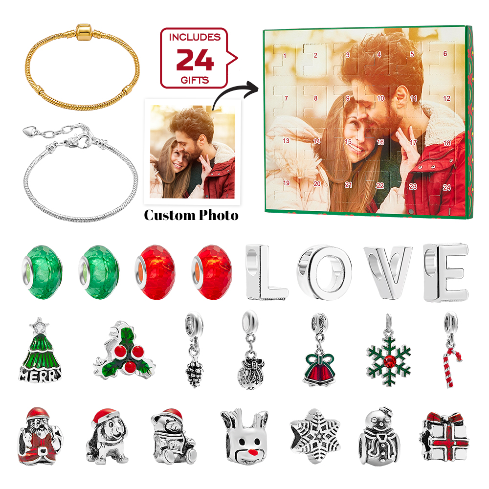 Personalised Photo Jewellery Advent Calendar Photo Charm Christmas Surprise Blind Box Bracelet 24 Calendar Countdown Gift Box Bracelet