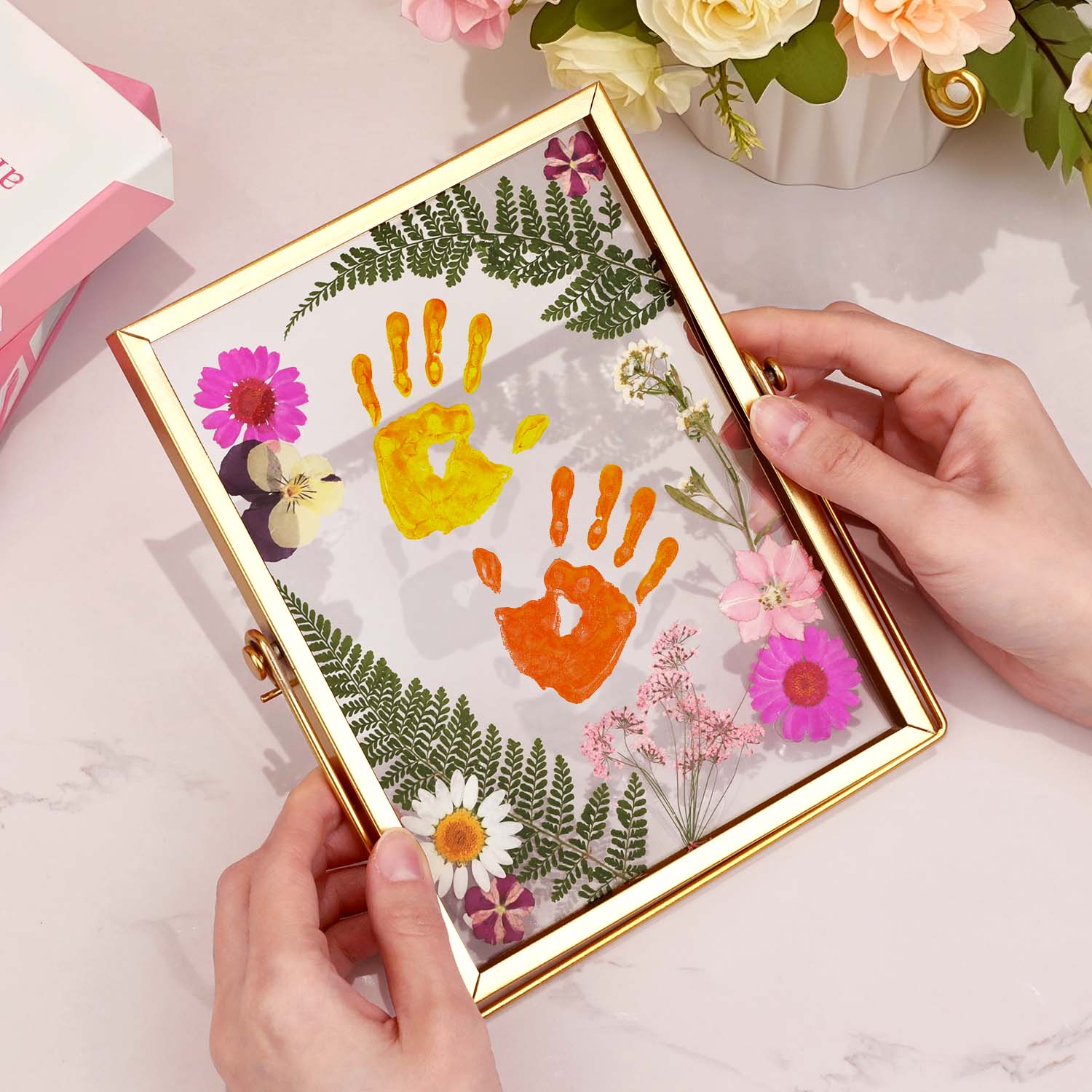 DIY Dried Flower Handprint Frame Material Pack Metal Frame Dried flower Ornaments Glass Plant Specimen Mother's Day Gifts