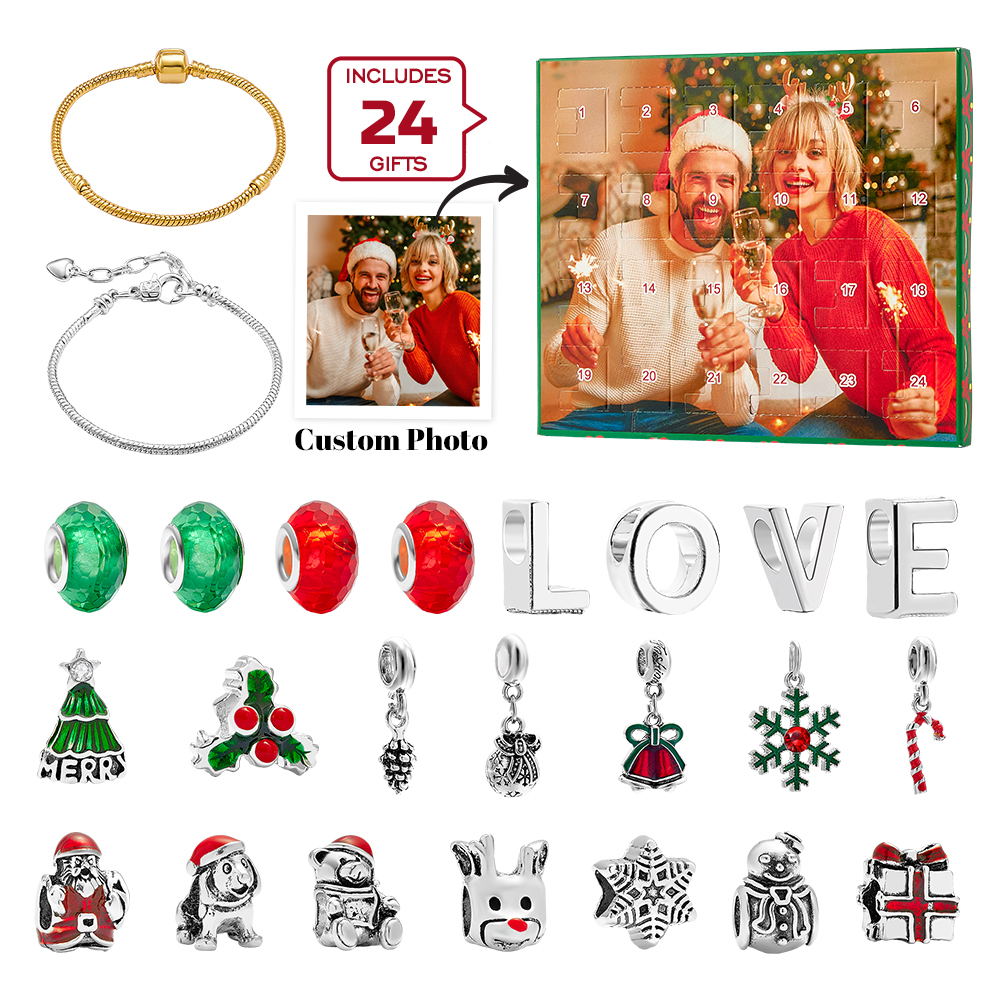 Personalized Photo Jewelry Advent Calendar Photo Charm Surprise Blind Box Bracelet 24 Calendar Countdown Gift Box Bracelet For Christmas