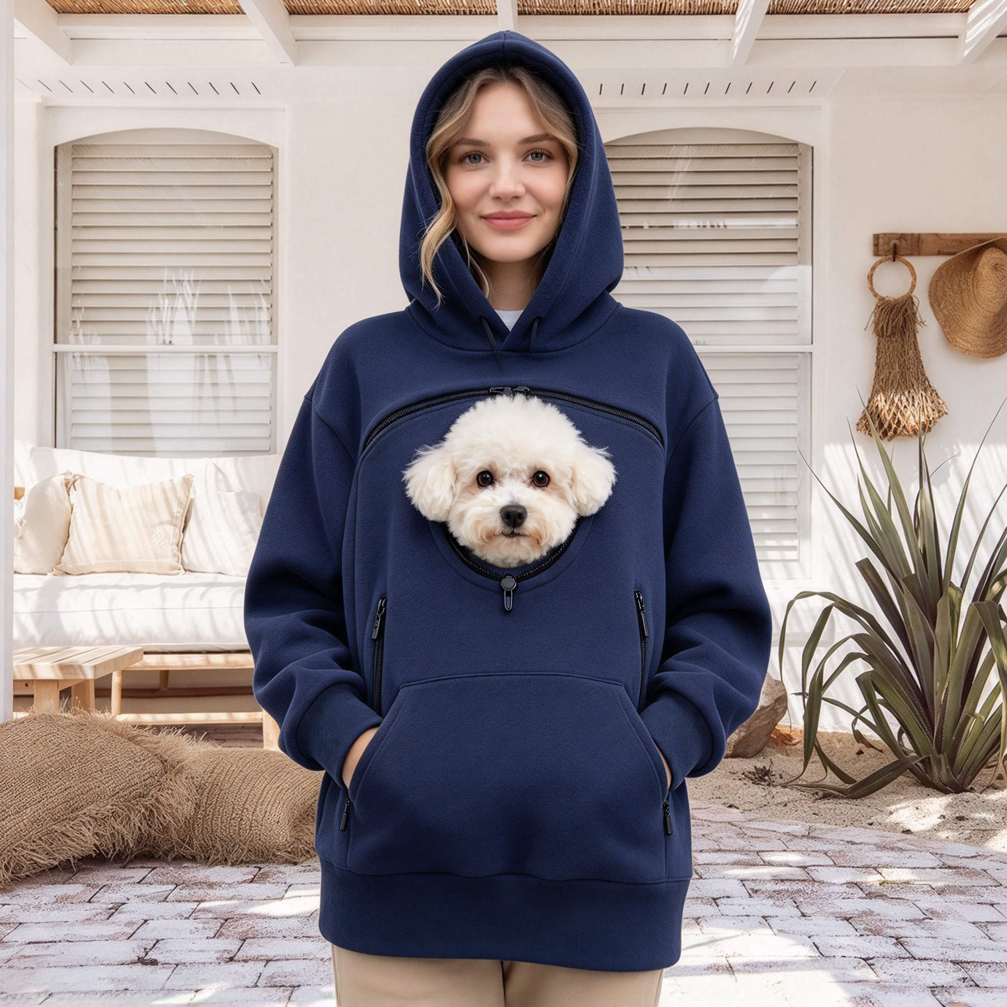 Unisex Cozy Pet Pouch Hoodie – Soft Sherpa Pullover with Built-In Cat & Dog Carrier Pocket, Warm Long Sleeve Sweatshirt for Hands-Free Pet Cuddles