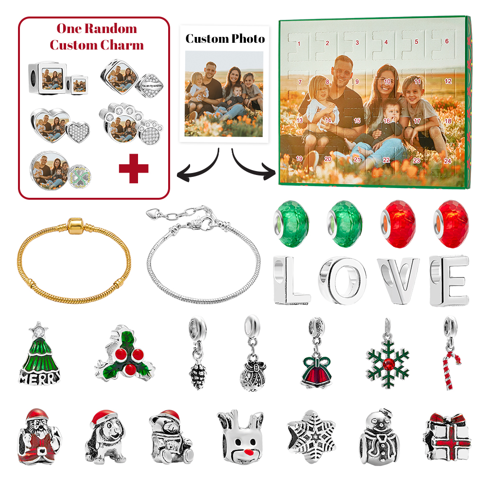 Personalized Photo Jewelry Advent Calendar Photo Charm Christmas Surprise Blind Box Bracelet 24 Calendar Countdown Gift Box Bracelet For Family