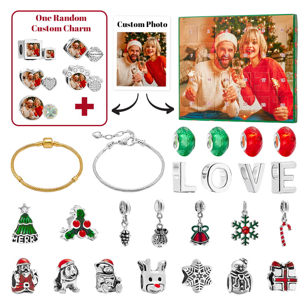Personalized Photo Jewelry Advent Calendar Photo Charm Surprise Blind Box Bracelet 24 Calendar Countdown Gift Box Bracelet For Christmas