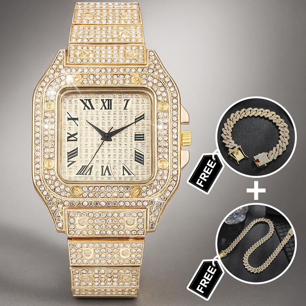 Iced Out Watch Rhinestone Watch Set Watch + Bracelet + Necklace Gift for Him - soufeelau