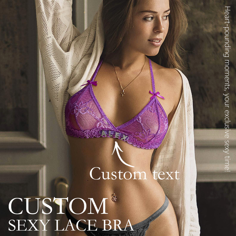 Custom Lace Bra With Jewelry Crystal Letter Name Lace Transparent Underwear Gift For Her