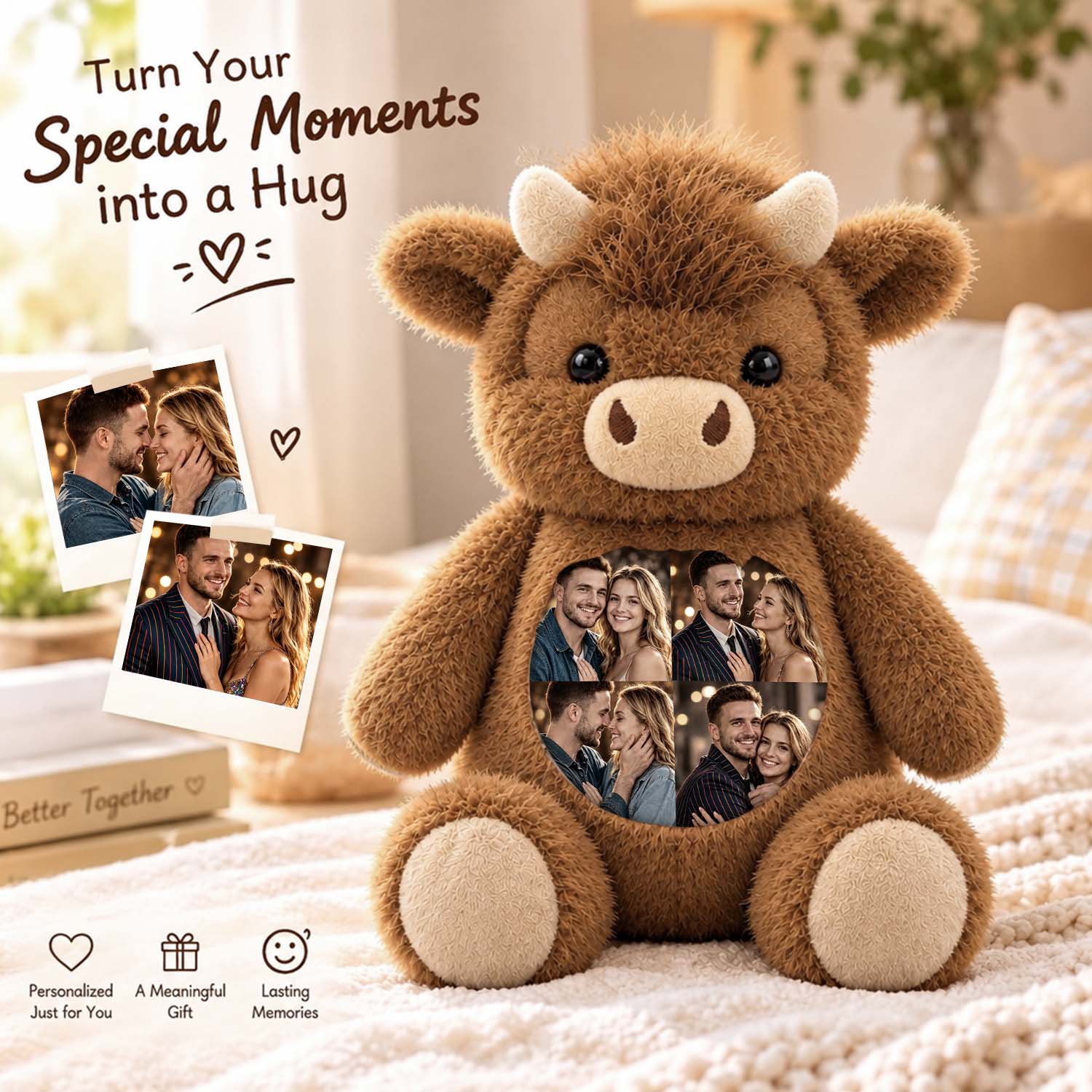 Custom Photo Highland Cow Plush Toy Personalized Picture Stuffed Highland Cattle Cute Family & Anniversary Keepsake Gift for Kids & Couples - soufeelau