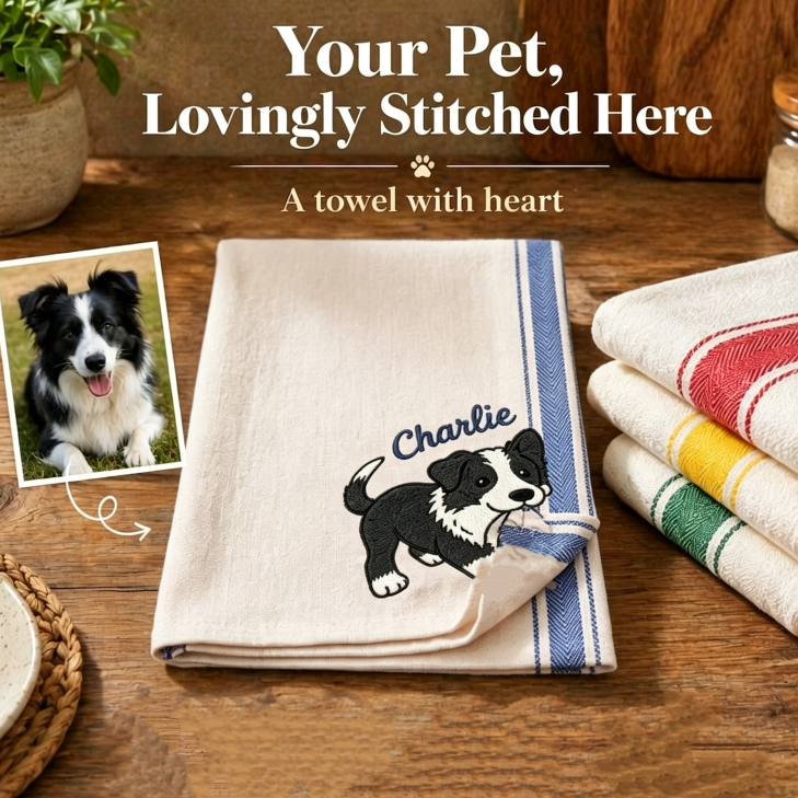 Personalized Dog & Cat Embroidered Hand Towel – Custom Pet Name Towel for Bathroom & Kitchen - soufeelau