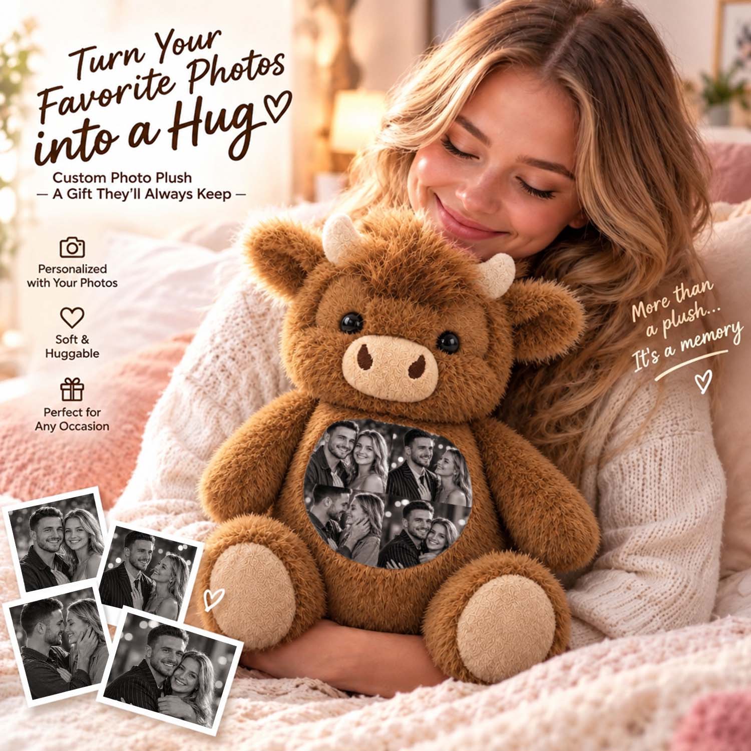 Custom Photo Highland Cow Plush Toy Personalized Picture Stuffed Highland Cattle Cute Family & Anniversary Keepsake Gift for Kids & Couples - soufeelau