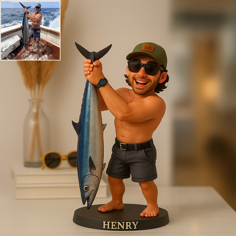 Custom Wooden Fishing Photo Cute Animated Style Cartoon Style Desk Decor - soufeelau