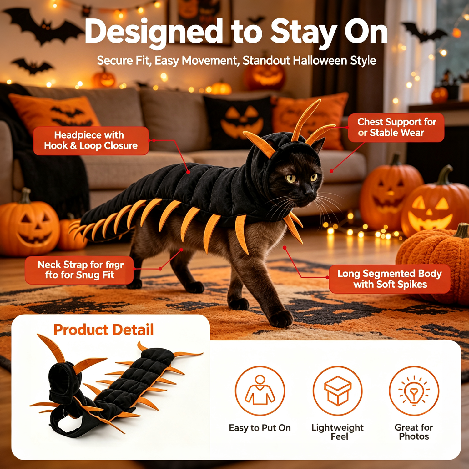 Cat Halloween Costume Centipede Pet Outfit Spooky Multi-Legged Bug Pet Costume Adjustable Novelty Clothes for Cats and Small Dogs Party Apparel - soufeelau