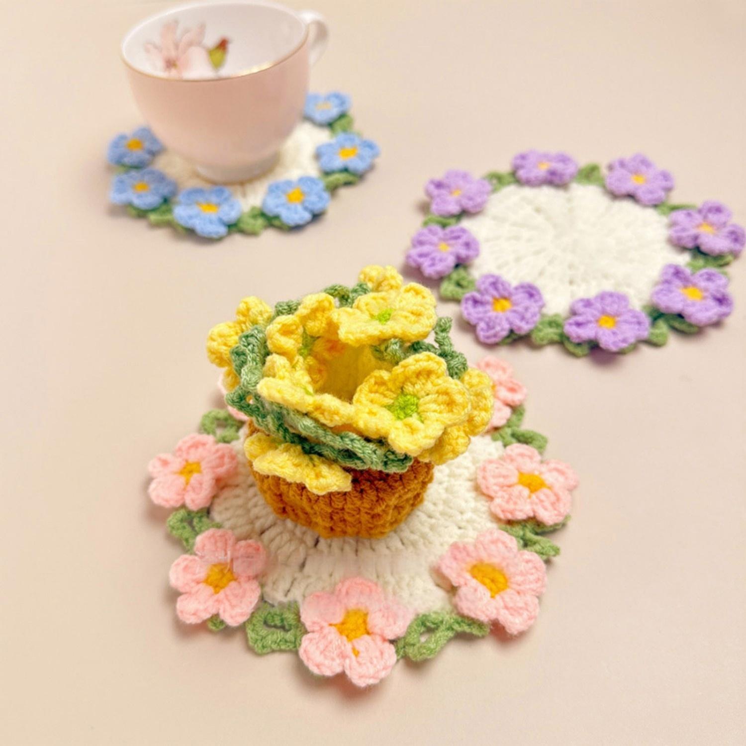 Knitted Flower Coasters Rapeseed Coaster Finished Hand-woven Flower Basket Decoration Gift For Mother And Girlfriend - soufeelau