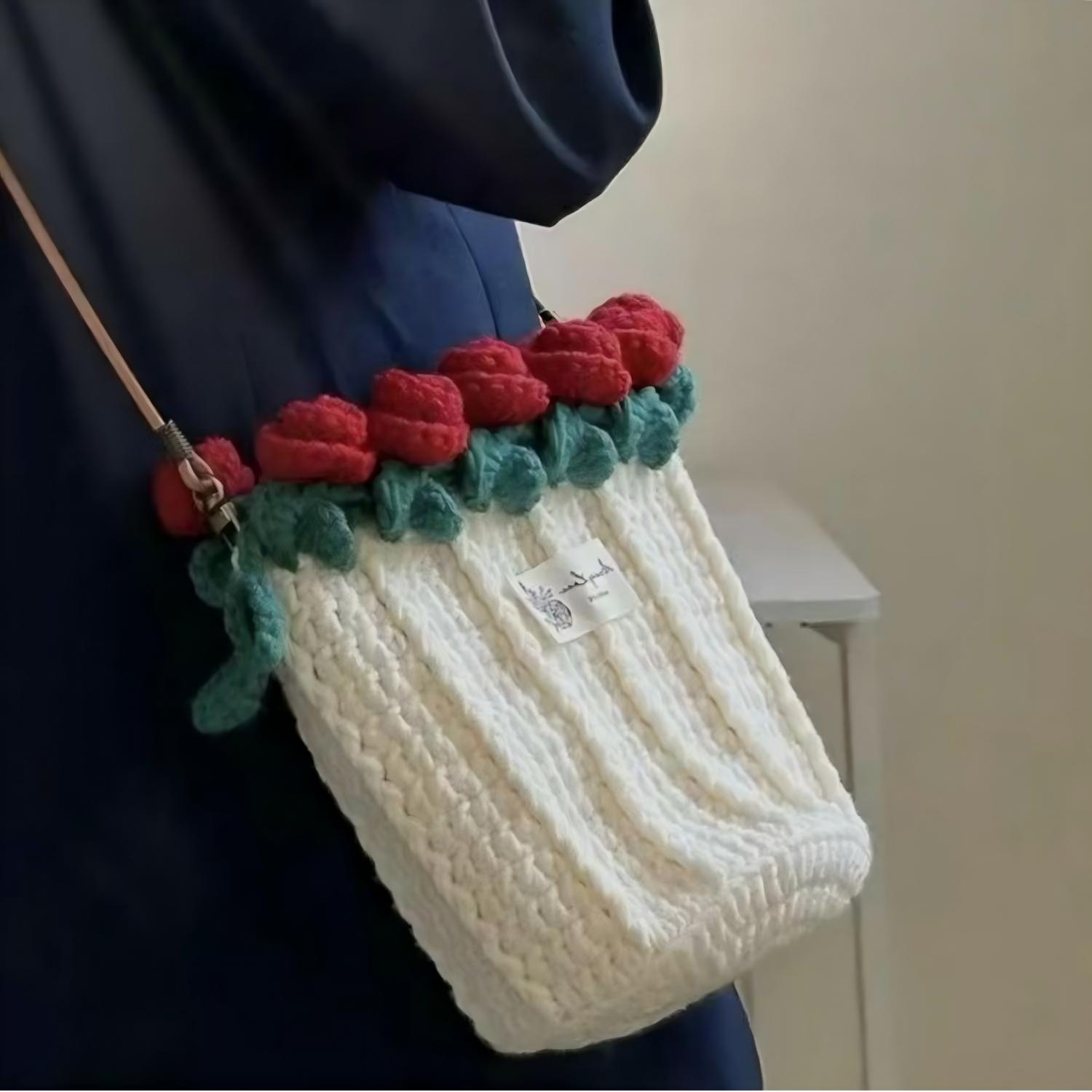 Knitted Rose Bouquet Bag Woven Bucket Bag Ready-Made Hand-woven Flower Bouquet Gift For Mother And Girlfriend - soufeelau