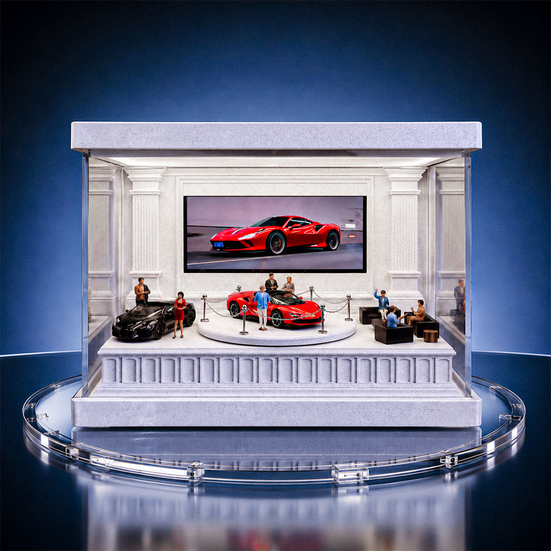 1:64 Scale Diecast Car Display Case with Motorized Turntable, Light Up Miniature Car Showroom, Smart Phone-Insert Video Background, Toy Car Showcase - soufeelau